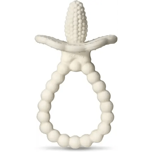 RaZbaby Silicone Baby Teether, BerryBumps Textured Silicone Soothes Babies’ Sore Gums, Infant Front and Back Teething Relief Toy, BPA Free, Easy-to-Hold, RaZberry Plus Fruit Shape, 3M+ – White