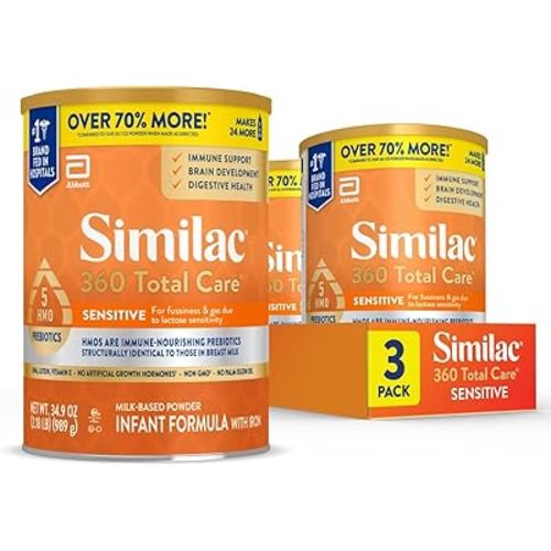 Similac 360 Total Care Sensitive Infant Formula for Fussiness & Gas Due to Lactose Sensitivity, Has 5 HMO Prebiotics, Non-GMO, Baby Formula Powder, 34.9-oz Value Can, Pack of 3