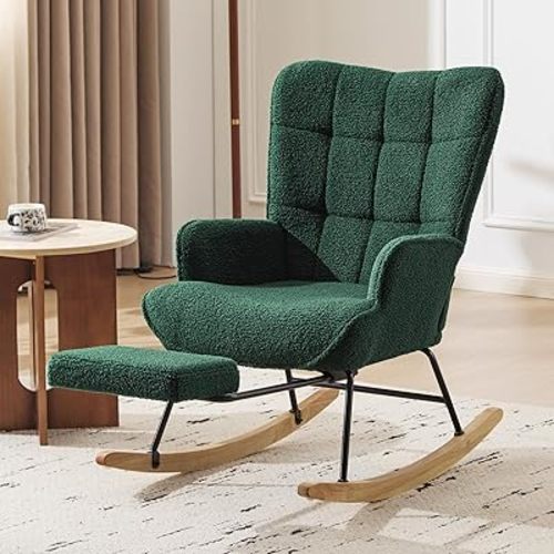 Furniliving Nursery Rocking Chair Upholstered Glider Rocking Chair Modern Accent Chair with Retractable Footrest Reading Chair with High Backrest Comfy Chair for Living Room, Green, Teddy