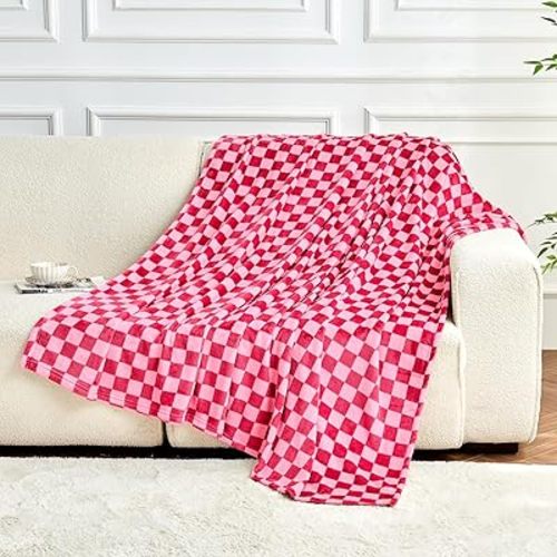 FY FIBER HOUSE Hot Pink Checkered Throw Blanket for Couch Soft Cozy Checker Blankets, 50"x60"