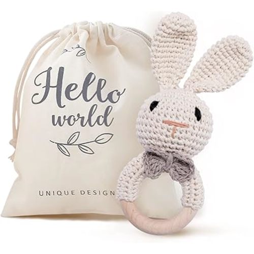 Youuys Wooden Baby Rattle Toys, Easter Bunny Rattle for Baby Crochet Bunny Rattle Toy Natural Wood, Shaker Rattle for Hand Grips, Boy Girl First Rattle Gift, Newborn Gifts (Bunny)