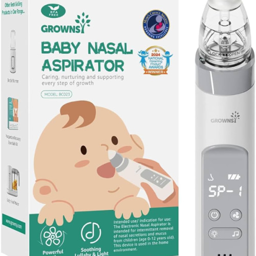 GROWNSY Nasal Aspirator for Baby, Electric Nose Aspirator for Toddler, Baby Nose Sucker, Automatic Nose Cleaner with 3 Silicone Tips, Adjustable Suction Level, Music and Light Soothing Function (Gray)