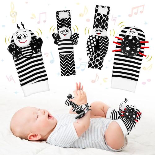 Baby Toys 0-6 Months, 4PCS Foot Finders & Wrist Rattles for Infants Newborn Toys, Black and White Sensory Toys, Rattle Socks Hand and Foot Rattles for 0-3 0-12 Months Birthday Shower Gifts