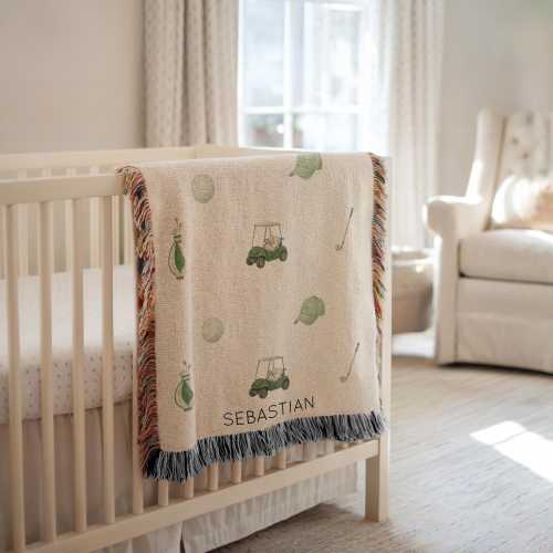 Personalized Golf Baby Blanket, Custom Name Golf Objects Nursery Throw with Clubs & Balls, Baby Shower Gift, Golfer Lover Kids Room Decor