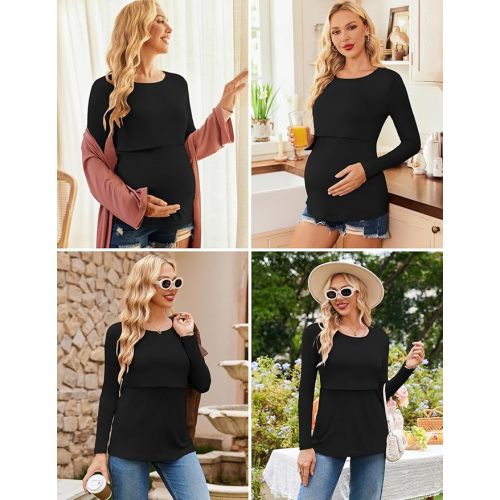 Ekouaer Women 3 Packs Nursing Shirts Long Sleeve Breastfeeding Tops Round Neck Postpartum Clothes Double Layer Maternity Tee