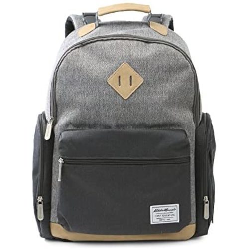 Eddie Bauer Places & Spaces Bridgeport Diaper Bag Backpack, Cooler Bottle Pockets and Changing Pad Included, Light Grey and Tan