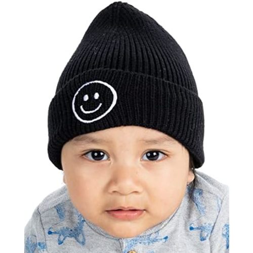 Funky Junque Baby Hats 0-12 Months Smiley Face Beanie, Warm Soft Knit Toddler Beanie Winter Cap for Infants Unisex