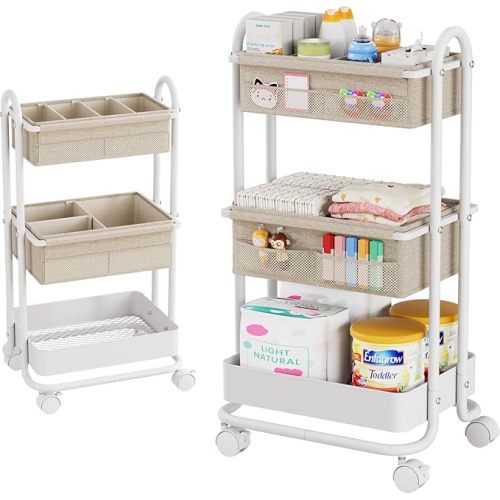 Baby Diaper Caddy Organizer Cart - 3 Tier Rolling Storage Cart with Wheels, Baby Essentials Nursery Storage, Detachable Dividers - for Crib, Bedroom, Art & Craft Organizer (Off White)
