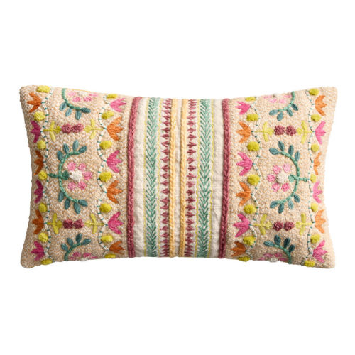 Pink Floral Stripe Embroidered Indoor Outdoor Lumbar Pillow