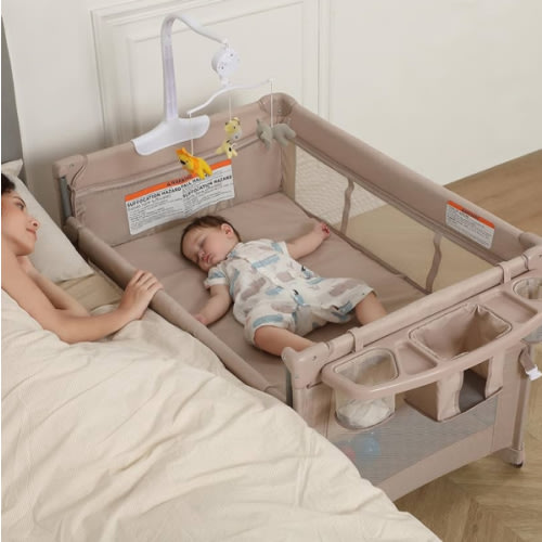 5 in 1 Pack and Play, Baby Bassinet Bedside Sleeper, Baby Playard, Bedside Crib with Changing Table, Foldable Travel Playard for Newborn to Toddles (Beige)