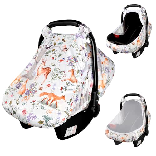 CARUILI Car Seat Cover Baby Girls Boys, Breathable Infant Car Seat Cover for Newborn, Lightweight Carseat Cover Canopy with Mesh Window, Aniaml