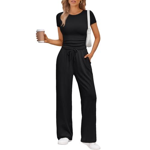 Trendy Queen 2 Piece Matching Summer Sweatsuit Lounge Set Womens Wide Leg Pants Side Ruching Crop Top Sets