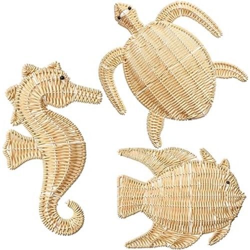 3 Pcs Handmade Wicker Beach Wall Decor Coastal Wall Decor Sea Turtle Fish Seahorse Walls Art Summer Nautical Sculpture Scandinavian Sea Hanging Decors for Boho Bathroom Indoor Outdoor Ornament
