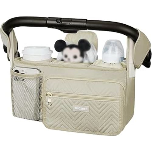 Universal Stroller Organizer with Insulated Cup Holder,Stroller Caddy Bag with Wet Wipes Pocket,Stroller Accessories Fits for Uppababy,Doona,Jogger,Britax,Mompush,BoB Strollers,Apricot