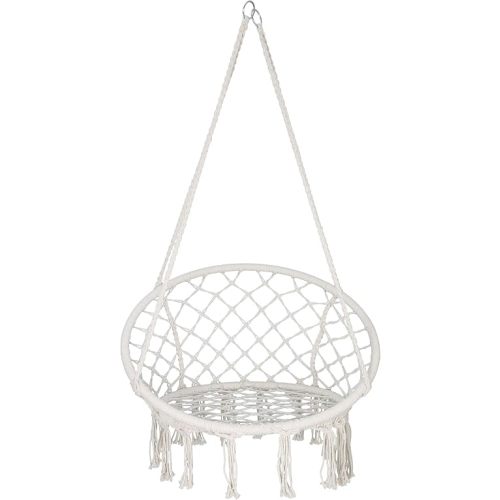 Hammock Chair Macrame Swing, Bohemian Style Round Hanging Chair, Handmade Knitted Cotton Rope Hammock Swing Chair for Indoor/Outdoor Home Bedroom Yard Garden Patio, Max 260Lbs, Beige