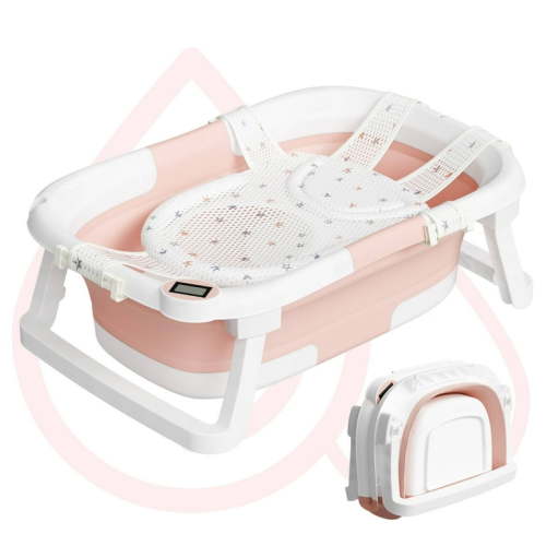 Aprpink Foldable Baby Bathtub PP+TPE with Soft Bath Net&Thermometer for 0-36 Months Toddler Pink