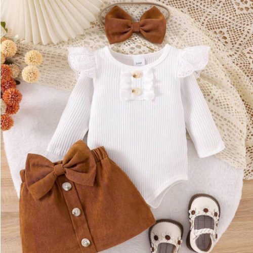 Baby Girl Solid Color Long Sleeve Button Decorated Romper With Bowknot Decorated Skirt Set, Including Hair Tie