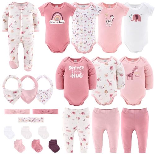 The Peanutshell Baby Layette Gift Set for Girls - 23 Piece Newborn Girl Gift Sets, Baby Clothes & Essentials - Rainbow Safari