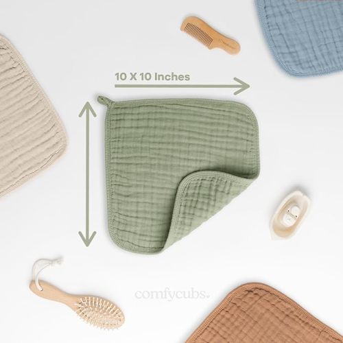 Comfy Cubs Muslin Baby Washcloths 6 Pack - Soft 6-Layer Cotton Wash Cloths for Sensitive Skin - 10"x10" Large, Gentle, Absorbent Infant Essentials for Newborn and Toddlers - (Sage)