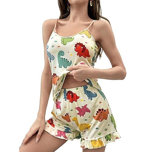 WDIRARA Women's Sleepwear Cute Print Lettuce Trim Cami and Shorts Pajama Set