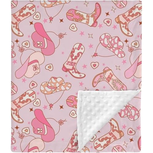 HawSkgFub Western Cowgirl Mink Baby Blankets Dotted Backing Girl Shower Gift, Pink Wild West Hat Boots Double Layer Nursery Receiving Swaddle, Boho Soft Newborn Infant Toddler Bed Crib Bedding 30 x 40