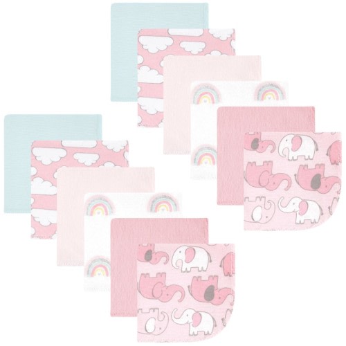 Hudson Baby Infant Girl Flannel Cotton Washcloths, Girl New Elephant 12-Pack, One Size