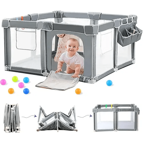 Foldable Baby Playpen 59"×71" with Mat, Out-of-The-Box Ready Playpen for Babies and Toddlers, Portable Play Yard with Breathable Mesh & Gates, Storage Bag & 4 Handlers for Indoor & Outdoor