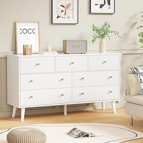White Dresser for Bedroom, Dresser with 7 Drawers, Wood Dressers & Chests of Drawers, Modern Double Dresser with Wide Drawer and Metal Handles