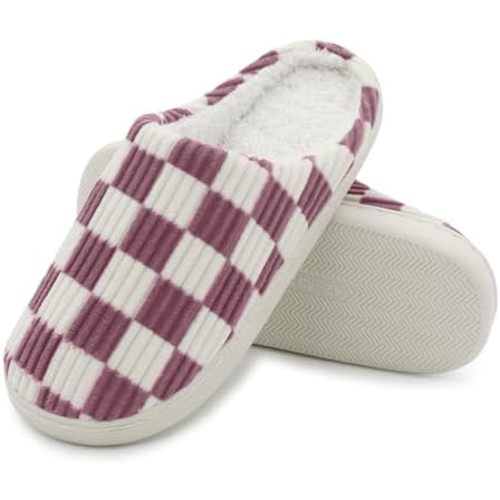 Women House Fuzzy Slippers - Plaid Scuff Checkered Slip-on Memory Foam Indoor Outdoor Comfortable Soft Slides