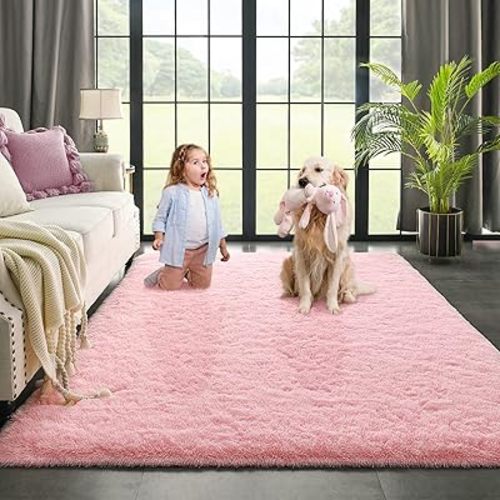 Kimicole 6x9 Large Area Rugs for Living Room Bedroom, Soft Fluffy Shaggy Rug, Non-Slip Fuzzy Furry Rugs for Nursery Kids Room Dorm Room Home Decor, High Pile Indoor Plush Floor Carpet (Pink)