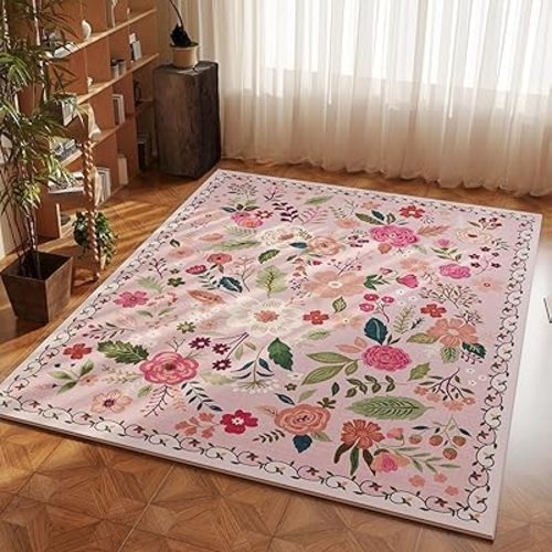 Area Rug 4x6 Rug Washable Boho Rugs Non Slip Low Pile Floral Small Carpet for Bedroom, Bedside, Kids Room, Office, Dining Room(Pink)
