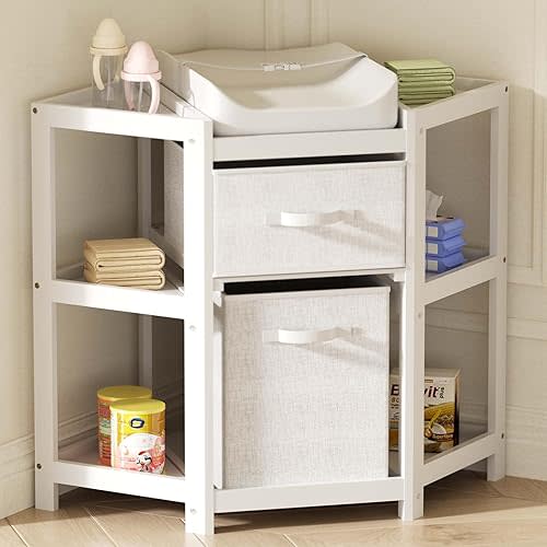 67i Baby Corner Changing Table with Drawers Toddler Changing Table with Storage Portable Diaper Changing Station with Baby Changing Pad Modern Wood Changing Table Dresser for Baby Infant (White)