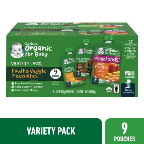 Gerber 2nd Foods Organic Baby Food, Variety Pack Fruit and Veggie Favorites, 3.5 oz Pouches (9 Pack)