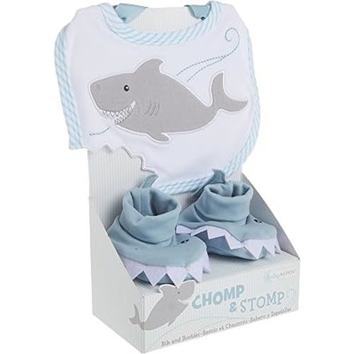 Baby Aspen Bib and Booties Gift Set, Chomp and Stomp Shark, 0-9 Month