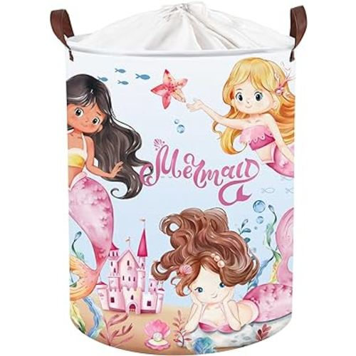 Clastyle 45L Dreamy Pink Mermaid Princess Laundry Hamper Undersea Castle Blue Laundry Basket for Girls Room Round Toy Clothes Storage Basket with Drawstring, 14.2x17.7 in