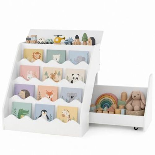 2-in-1 Kids Bookshelf and Rolling Toy Storage Organizer with Drawer, 4-Tier, White, Toddler