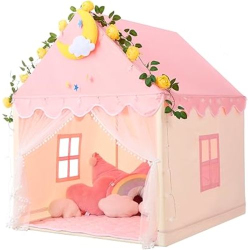 Wilwolfer Kid Tent with Mat, Star Lights - Kids Play Tents for Toddlers Kids Tents Indoor Playhouse - Princess Tent for Girls Toy House Gift (Pink with Mesh)