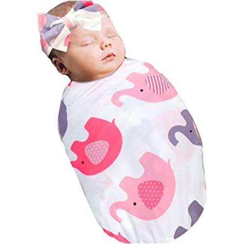 QTECLOR Soft Milk Silk Fabric Swaddle Blanket - Unisex Baby Receiving Blanket Set with Headband, Elephant Pattern