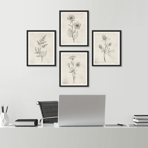 SIGNLEADER Abstract Botanical Flowers Framed On Paper 4 Pieces Print | Wayfair