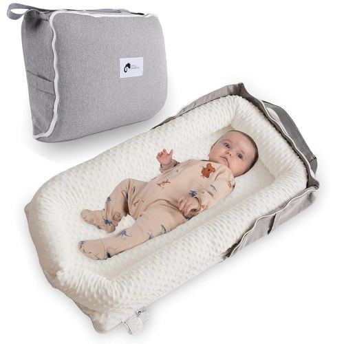 Joyful Journeys Baby Lounger Diaper Bag - Portable Nest & Organizer | Versatile Infant Bag for Convenience | Baby Shower Gifts (White Minky)