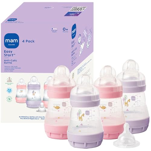 MAM 5oz Easy Start Anti-Colic Baby Bottles, Slow Flow with Bonus Medium Flow Nipple, Reduces Colic, Gas, & Reflux, Easy-to-Clean, BPA-Free, Baby Bottles for Newborns, 0-3 Months