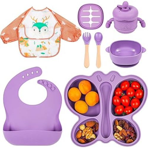 Silicone Baby Feeding Set, Baby Led Weaning Supplies, Silicone Suction Butterfly Plate, Bowl, Spoons, Fork and Waterproof Bib & Cloth Bib, Eating Utensils Baby Feeding Essentials (Purple)