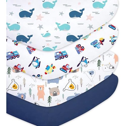 Plushii 4 Pack Fitted Crib Sheets for Baby Boys, 28"x 52" Extra Soft Microfiber Crib Sheet Set for Standard Crib & Toddler Mattress Pad, Whale & Toy & Little Bear & Navy Blue