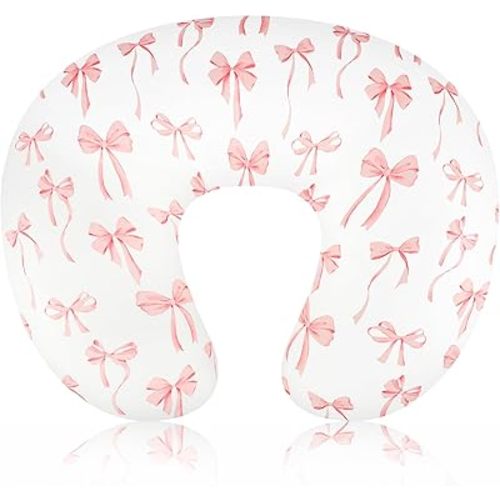 Nursing Pillow Cover, Removable Nursing Covers for Breastfeeding Pillows, Stretchy and Soft Fit for Baby Girls Boys Newborn, Pink Bow(Only Cover)