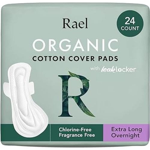Rael Pads for Women, Organic Cotton Cover - Period Pads with Wings, Feminine Care, Sanitary Napkins, Heavy Absorbency, Unscented, Ultra Thin (Extra Long Overnight, 24 Count)