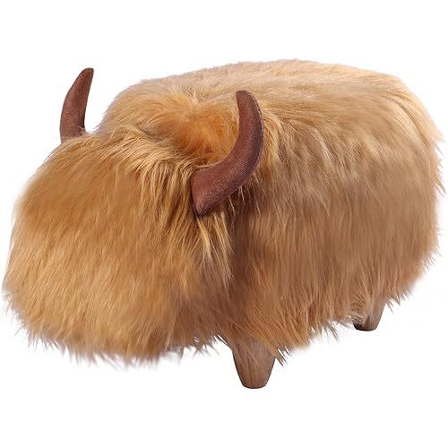 GIA Kids Ottoman with Storage, Foot Stand and Wooden Legs, MacGregor Highland Cow, Brown