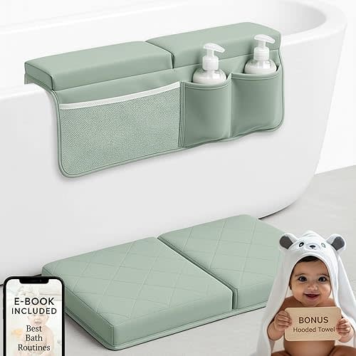 2inch XL Baby Bath Kneeler and Elbow Rest Pad Set + Hooded Towel - Embroidered Kneeling Pad for Bathing Baby - Dual-Layer Memory Foam Bathtub Kneeler and Elbow Rest Set