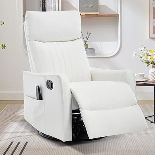 Swivel Rocker Recliner Chair, 360° Swivel Recliner with Heat and Massage, Rocker Recliner Upholstered Fabric Nursery Glider Recliner Chair with Side Pockets for Living Room PU White
