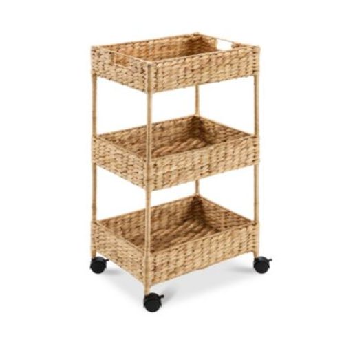 3-Tier Water Hyacinth Rolling Utility Cart w/ Weaved Baskets