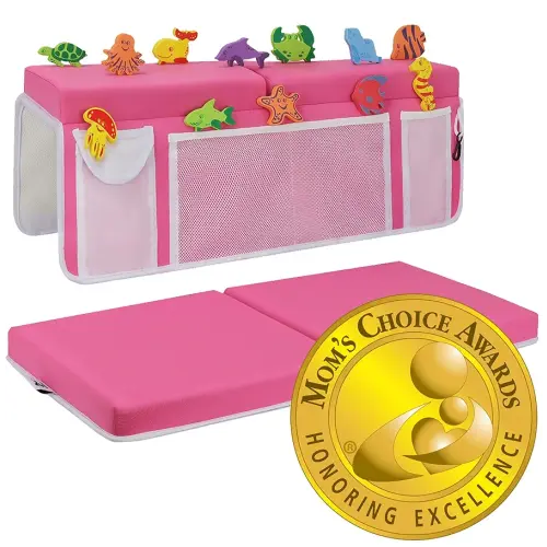 Supa Ant Baby Bath Kneeler and Elbow Rest Pad Set - The Only Certified Extra Thick Bathtub Kneeler with Built-in 5 Pockets Organizer (8-Suction Cup) Bath Kneeling Pad for Bathing Baby (Pink)